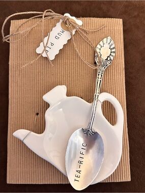 Mud Pie 'Tea-rific' Engraved Silver Tea Spoon with White Teapot Spoon Rest